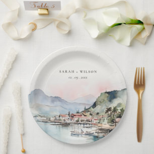 Kauai Hawaii Aquarell-Landschaft-Hochzeit Pappteller
