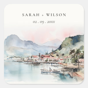 Kauai Hawaii Aquarell-Landschaft-Hochzeit Quadratischer Aufkleber