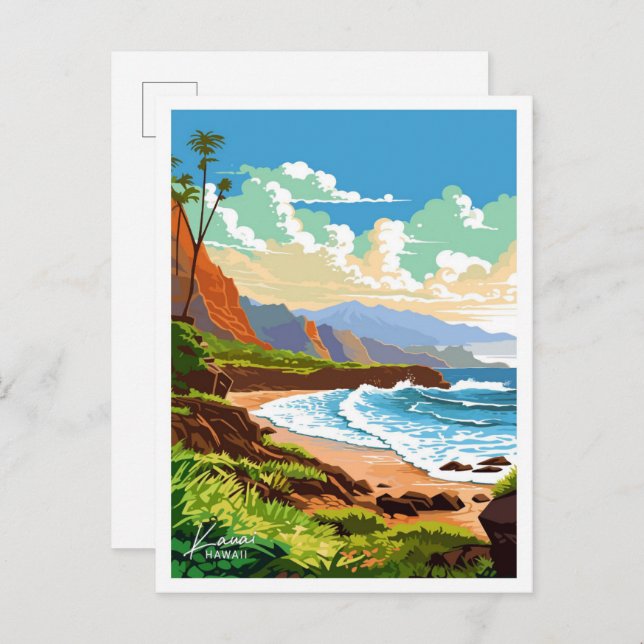 Kauai Hawaii Reise Vintage Illustration Postkarte (Vorne/Hinten)