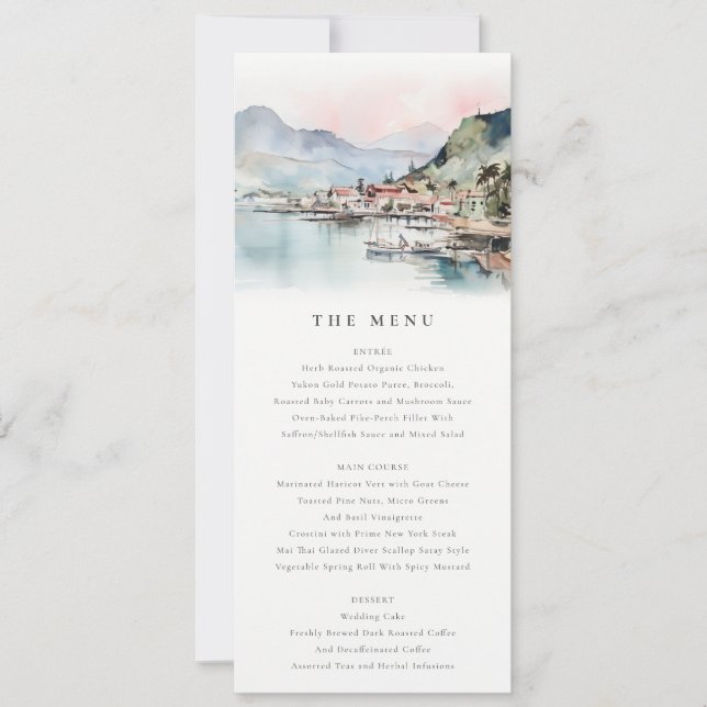 Kauai Hawaii Watercolor Landscape Wedding Menu Einladung (Vorderseite)