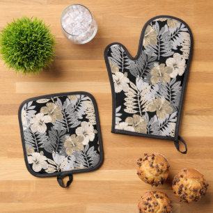 Kauai Jungle Hawaiian Hibiskus und Palms Neutral Ofenhandschuh & Topflappen-Set