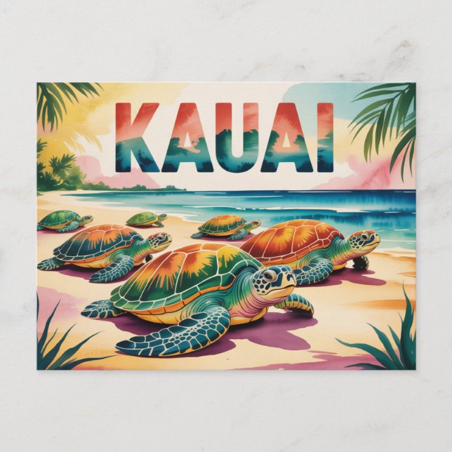Kauai-Strand-Schildkröten-Illustration Postkarte (Vorderseite)