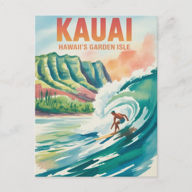Kauai Surfen Wasserfarbe Postkarte (Vorderseite)