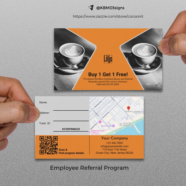 Kaufen Sie 1 erhalten Sie 1 graue Schwarz Orange M Empfehlungskarte (Buy 1 Get 1 Free Gray Black Orange Employee Reward Referral Card, BOGO Small Business Marketing Tool)