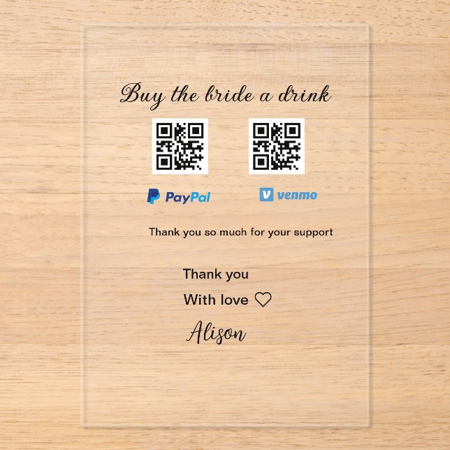 Kaufen Sie die Braut ein Getränk Spende QR Venmo P Acryleinladungen (Vorderseite)