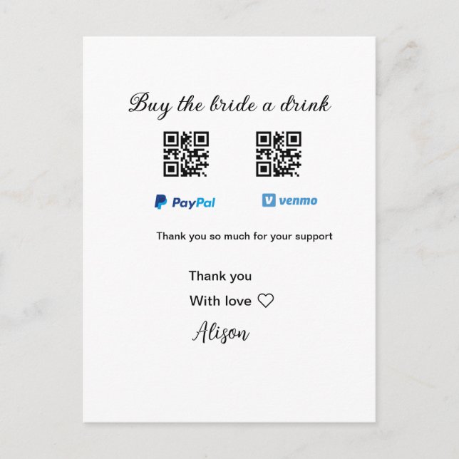 Kaufen Sie die Braut ein Getränk Spende QR Venmo P Postkarte (Vorderseite)
