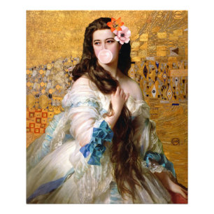 Kaugummi-Diva mit zwei Blumen in Gold Fotodruck