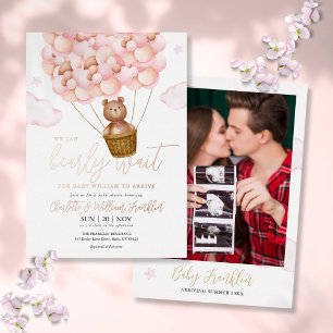 Kaum warten Teddy Mädchen Foto Baby Shower Roségol Folieneinladung