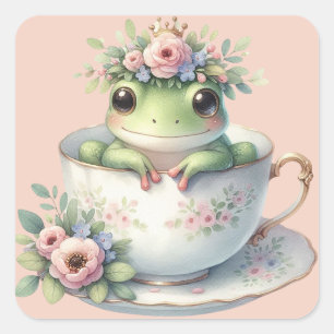 Kauziger Frosch in floraler Teetasse Quadratischer Aufkleber