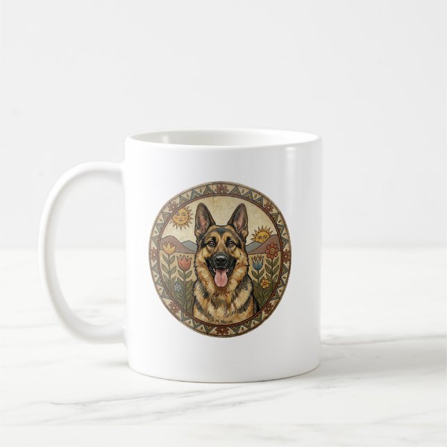 Kauziger Wachhund: Deutsche Schafherde Naive Kunst Kaffeetasse (Links)