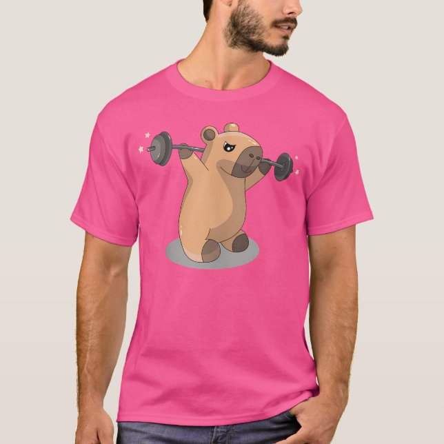 Kawai Capybara Bodybuilder Weightlifter Barbell Gy T-Shirt (Vorderseite)