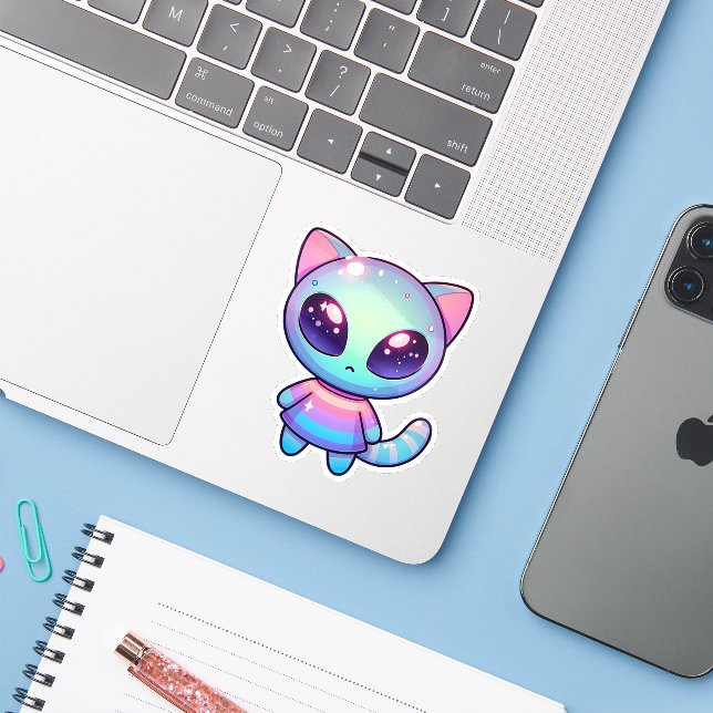 Kawaii Alien Katze mit galaktischen Augen und Past Aufkleber (Laptop mit iPhone)