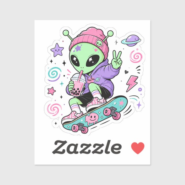 Kawaii-Alien-Skater-Bubble-Tea-Design Aufkleber (Blatt)