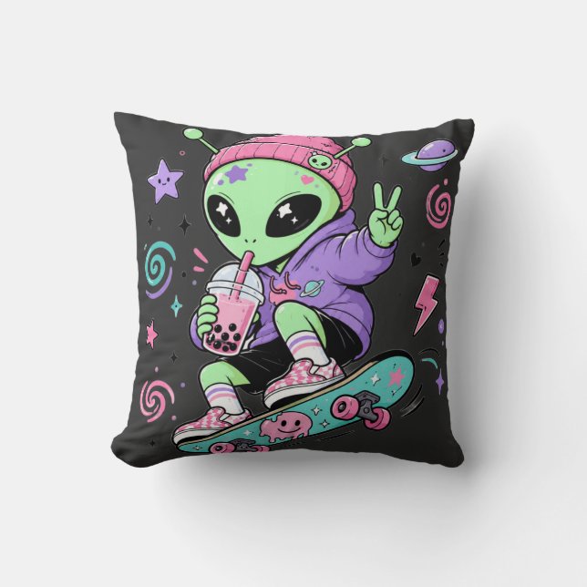 Kawaii-Alien-Skater-Bubble-Tea-Design Kissen (Vorderseite)
