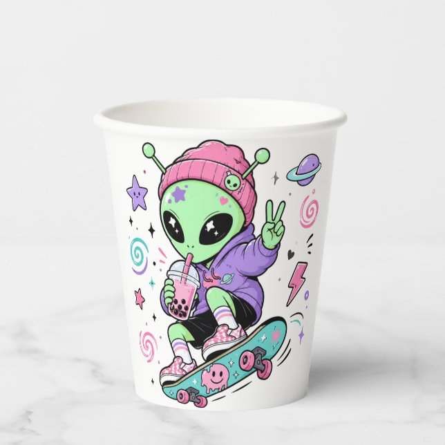 Kawaii-Alien-Skater-Bubble-Tea-Design Pappbecher (Vorderseite)