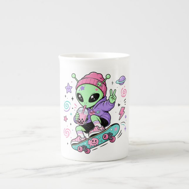 Kawaii-Alien-Skater-Bubble-Tea-Design Prozellantasse (Vorderseite)