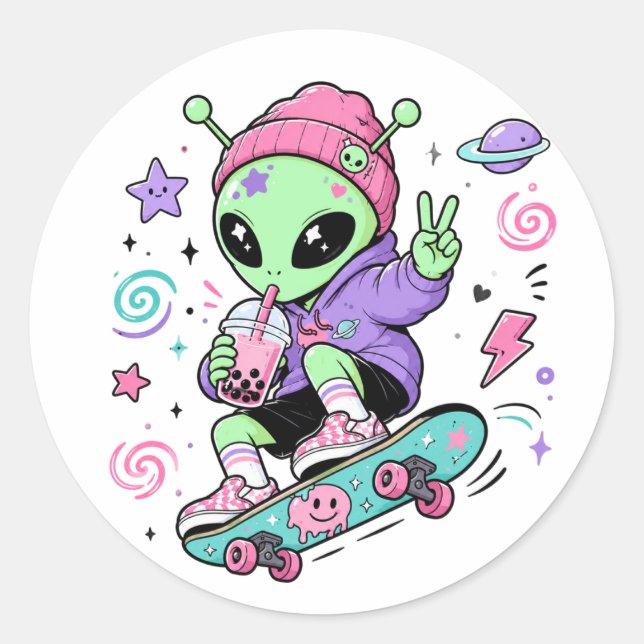 Kawaii-Alien-Skater-Bubble-Tea-Design Runder Aufkleber (Vorderseite)