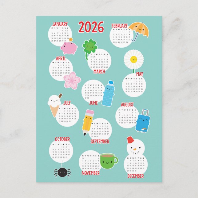 Kawaii Alltag 2026 Kalender Postkarte (Vorderseite)