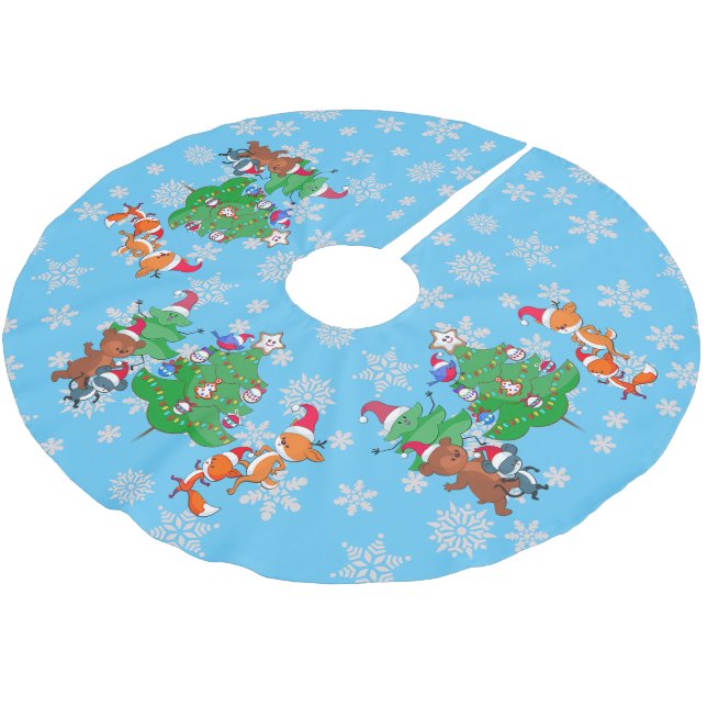 Kawaii Animals Tanzen Weihnachtsbaum Snow Blue Polyester Weihnachtsbaumdecke (Schrägansicht)