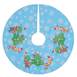 Kawaii Animals Tanzen Weihnachtsbaum Snow Blue Polyester Weihnachtsbaumdecke