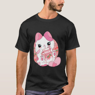 Kawaii Anime Cat Drinking Strawberry Milk Japanisc T-Shirt