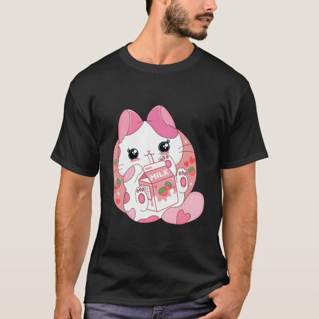 Kawaii Anime Cat Drinking Strawberry Milk Japanisc T-Shirt (Vorderseite)