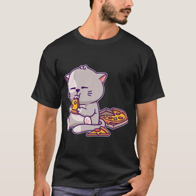 Kawaii Anime Cat Eating Pizza Niedlich Kitten Cat  T-Shirt (Vorderseite)