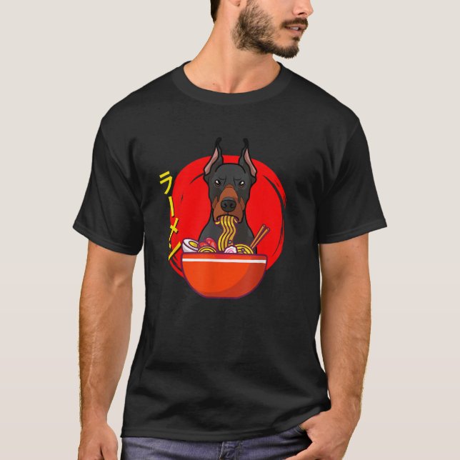 Kawaii Anime Doberman Pinscher Ramen Noodles  T-Shirt (Vorderseite)