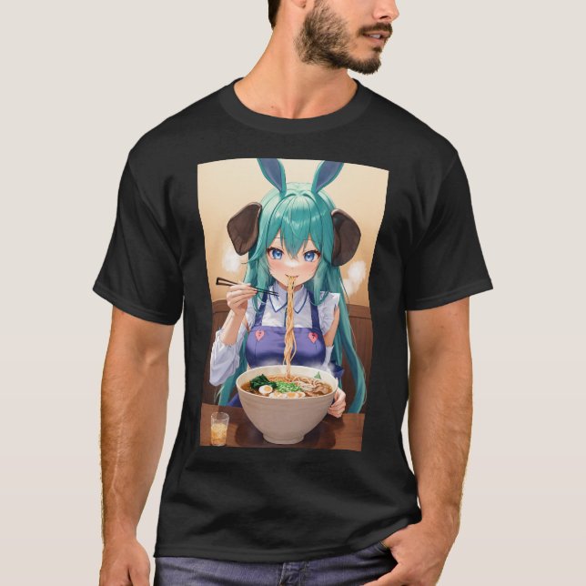 Kawaii Anime Elephant Girl aß Ramen T-Shirt (Vorderseite)