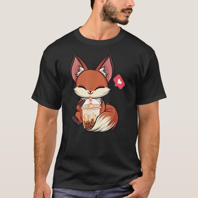 Kawaii Anime Fox Drinking Boba Bubble Tea Japanese T-Shirt (Vorderseite)