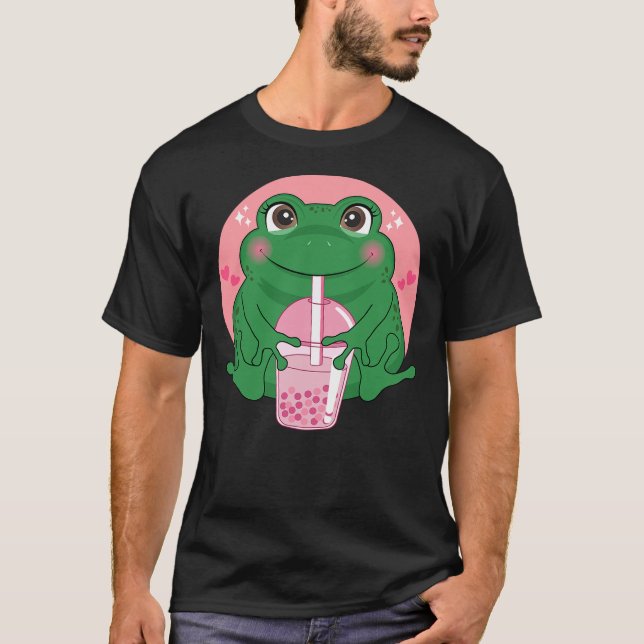Kawaii Anime Frog Drinking Boba Tea Bubble Tea Cut T-Shirt (Vorderseite)