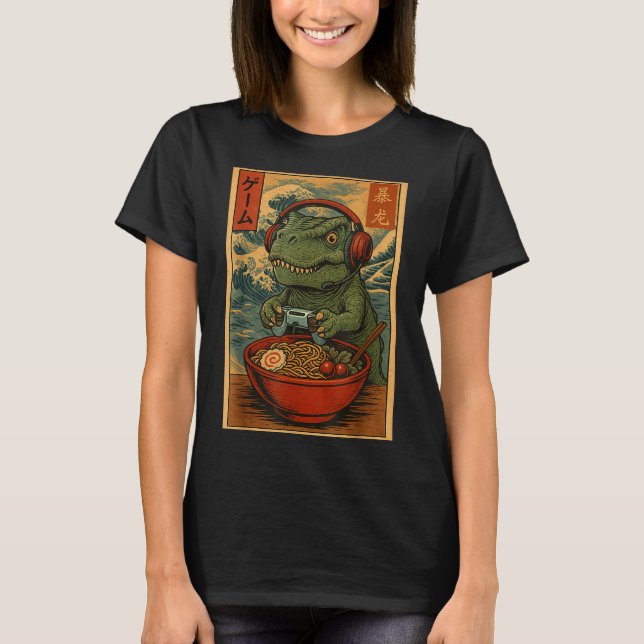 Kawaii Anime Gamer T-rex Ramen Retro Japanese Gami T-Shirt (Vorderseite)