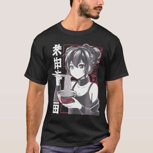 Kawaii Anime Girl Eating Ramen Noodles Japanisch A T-Shirt (Vorderseite)