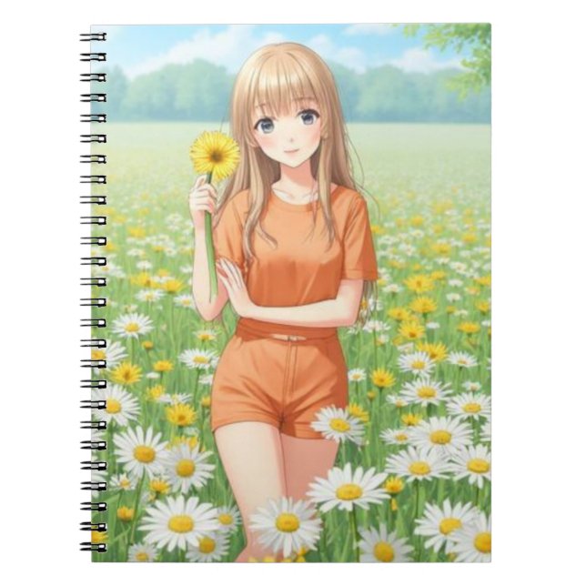 Kawaii Anime Girl in Daisy Garden Notizblock (Vorderseite)