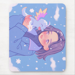 Kawaii Anime Girl mit Baby Dragon im Winterschnee Mousepad