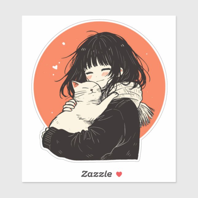 Kawaii Anime Girl mit weißer Katze Aufkleber (Blatt)