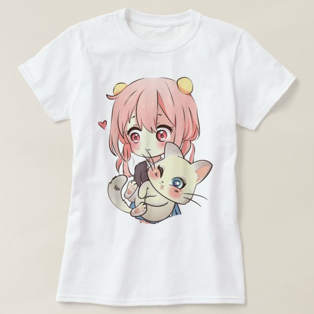 Kawaii Anime Girl With Cute Cat T-Shirt (Design vorne)