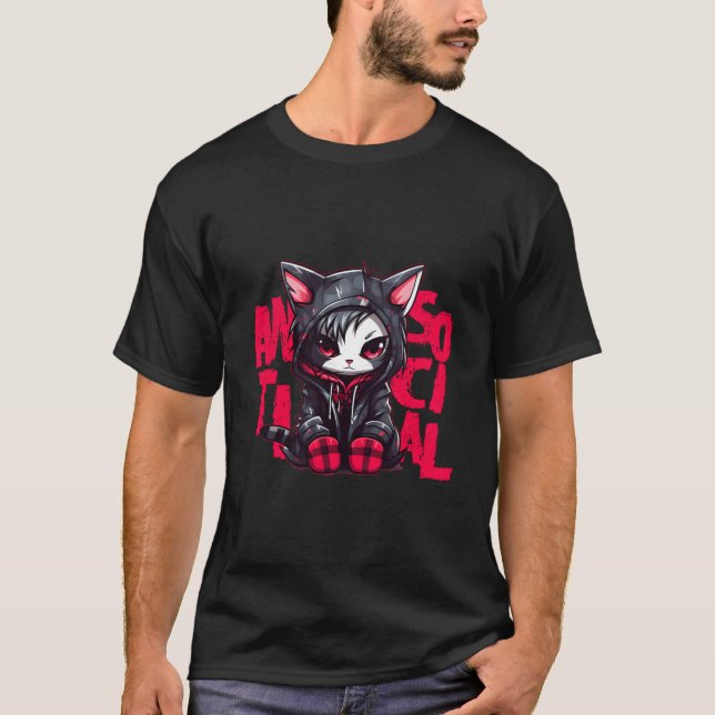 Kawaii Anime Gothic Cat Chibi Antisocial Hera Grun T-Shirt (Vorderseite)