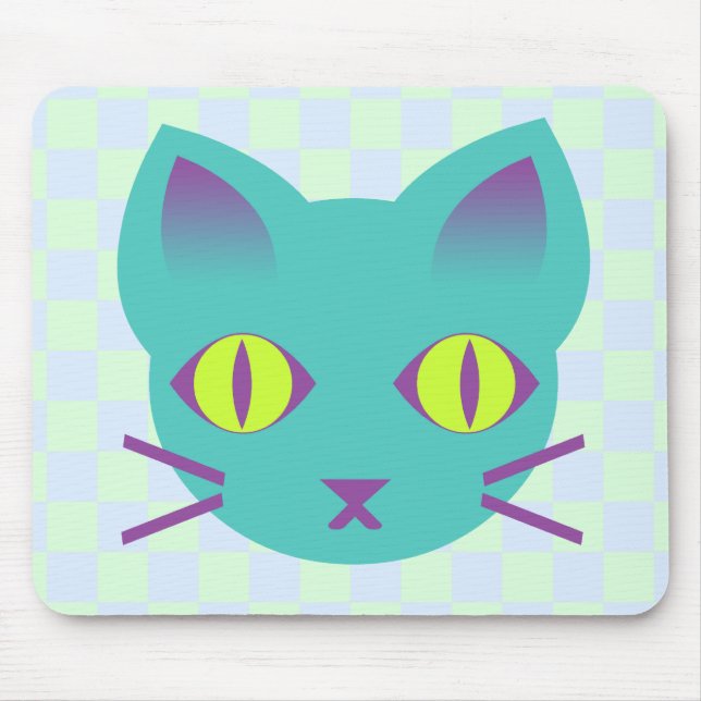 Kawaii Anime Kitty Cat Blue & Green Karos Mousepad (Vorne)