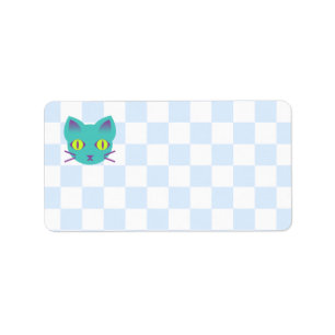 Kawaii Anime Kitty Cat Blue & White Checkerboard Adressaufkleber