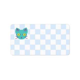 Kawaii Anime Kitty Cat Blue & White Checkerboard Adressaufkleber