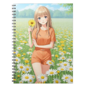 Kawaii-Anime-Mädchen im Gänseblümchengarten Notizblock