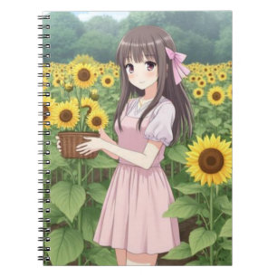 Kawaii Anime-Mädchen im Sonnenblumengarten Notizblock