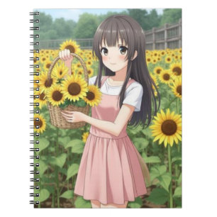 Kawaii-Anime-Mädchen im Sonnenblumengarten Notizblock