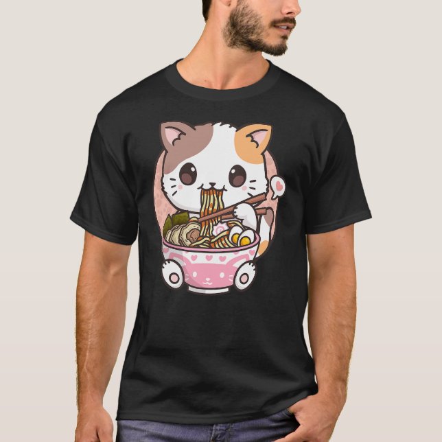 Kawaii Anime Ramen Cat Neko T-Shirt (Vorderseite)