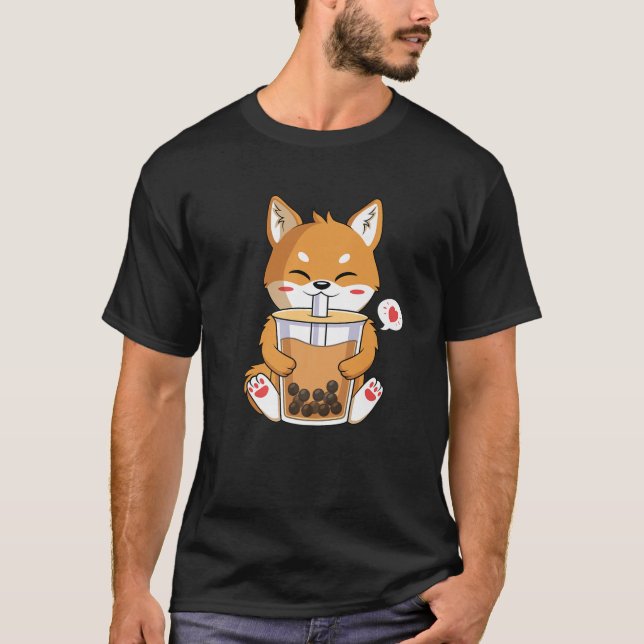 Kawaii Anime Shiba Inu Hund trinken Boba Blase Te T-Shirt (Vorderseite)