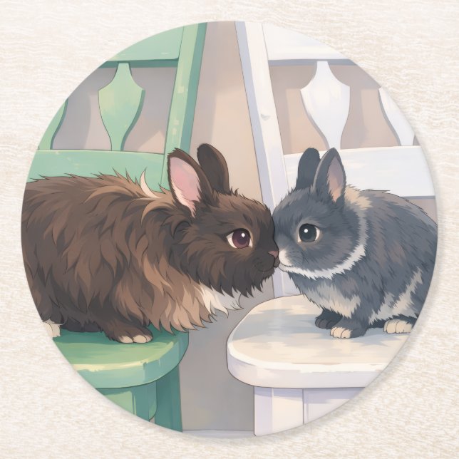 Kawaii Anime Two Bunnies Coaster Set (6) Runder Pappuntersetzer (Vorderseite)