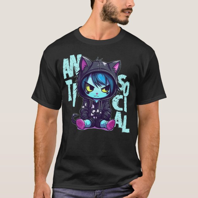 Kawaii Antisocial Emo Cat Pastel Goth Menhera Anim T-Shirt (Vorderseite)