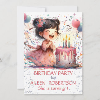Kawaii Asian Girl 3. Geburtstagskuchen Einladung