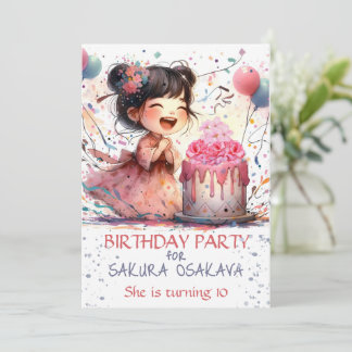 Kawaii Asian girl Birthday Floral cake personalisi Einladung